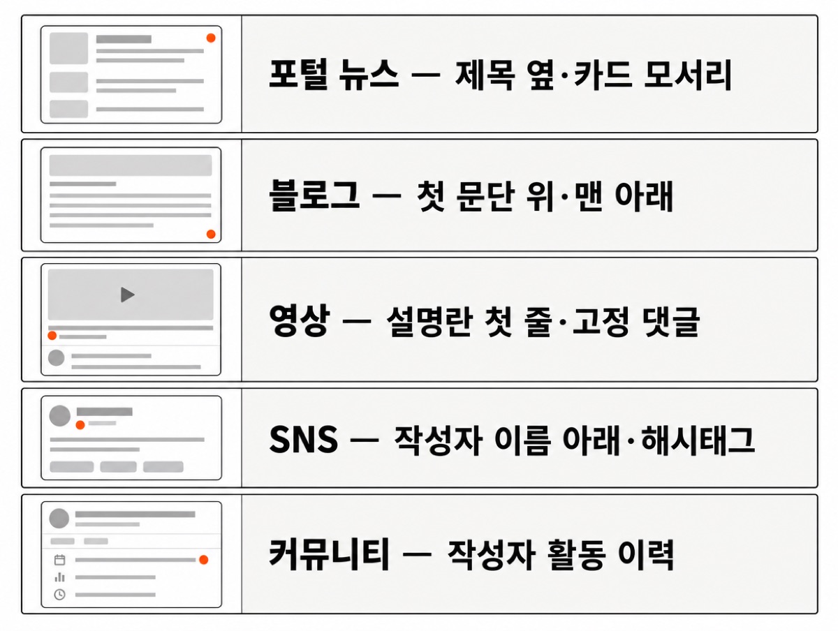 매체별 광고 표시 위치 — 포털 뉴스는 제목 옆·카드 모서리, 블로그는 첫 문단 위·맨 아래, 영상은 설명란 첫 줄·고정 댓글, SNS는 이름 아래·해시태그, 커뮤니티는 활동 이력