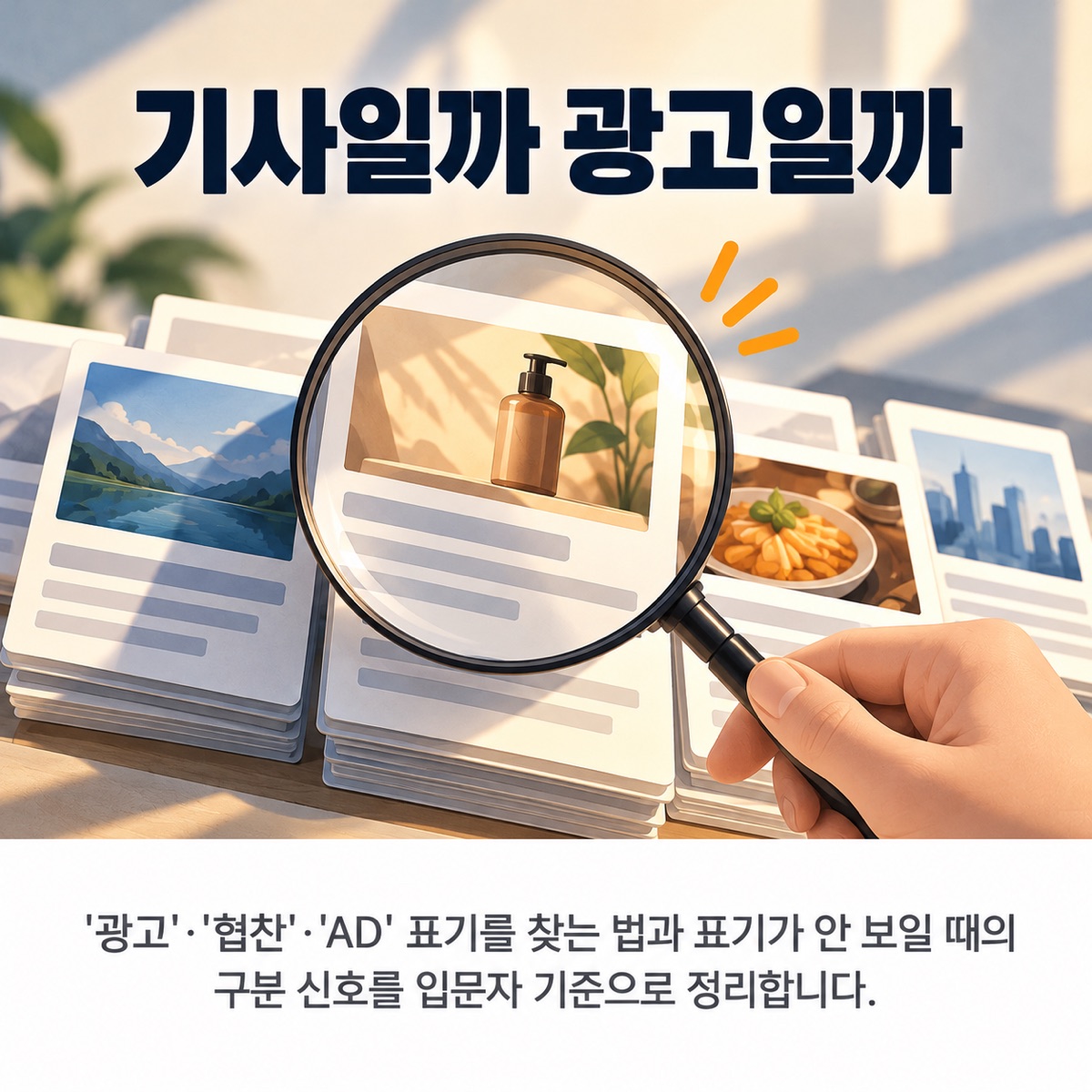 기사 카드 더미 위 한 장을 손이 돋보기로 살피는 사진풍 그림 위에 '기사일까 광고일까' 제목과 부제가 적힌 대표 이미지