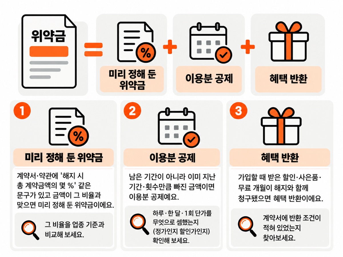 위약금 청구를 세 칸으로 가른 그림 — 계약서에 비율로 적힌 미리 정해 둔 위약금, 이미 지난 기간만큼 빠지는 이용분 공제, 가입 때 받은 할인·사은품을 되돌리는 혜택 반환