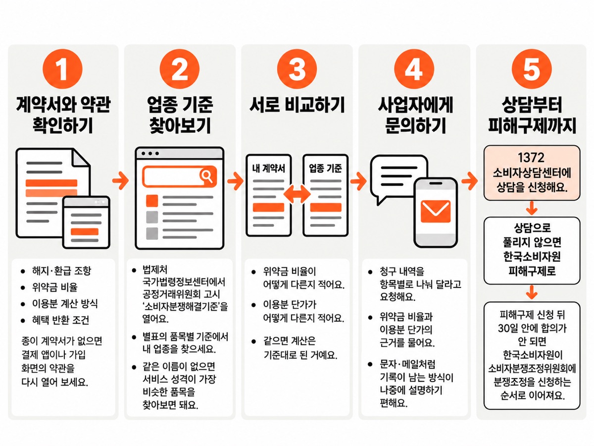 위약금 확인 다섯 단계 흐름도 — 계약서와 약관 확인, 업종 기준 찾아보기, 서로 비교하기, 사업자에게 문의하기, 1372 상담에서 한국소비자원 피해구제와 분쟁조정까지