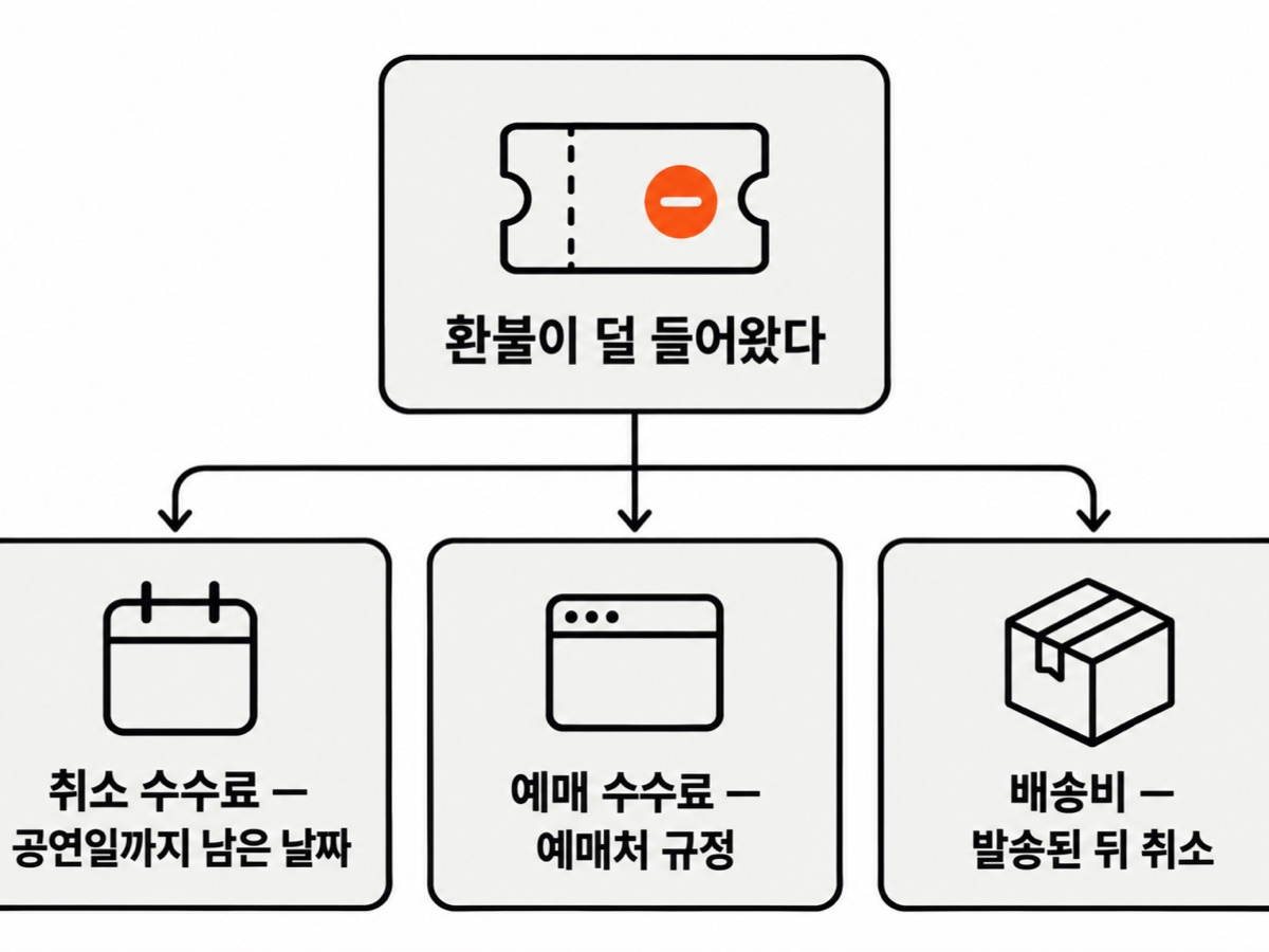 환불이 덜 들어왔을 때의 세 갈래 그림 — 취소 수수료는 공연일까지 남은 날짜, 예매 수수료는 예매처 규정, 배송비는 발송된 뒤 취소로 갈려 달력·창·상자 아이콘이 붙어 있다