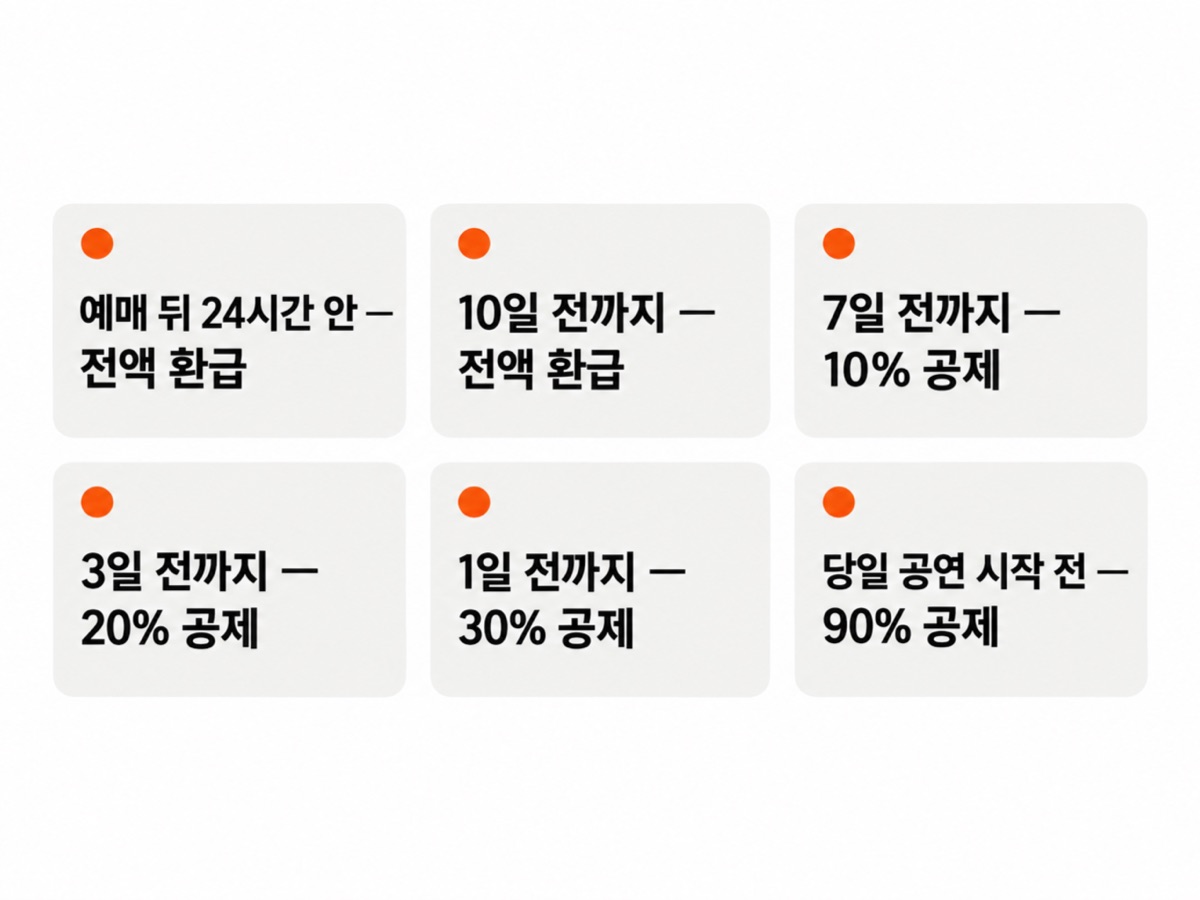 취소 시점별 공제 기준 카드 여섯 장 — 예매 뒤 24시간 안과 10일 전까지는 전액 환급, 7일 전까지 10%, 3일 전까지 20%, 1일 전까지 30%, 당일 공연 시작 전 90% 공제