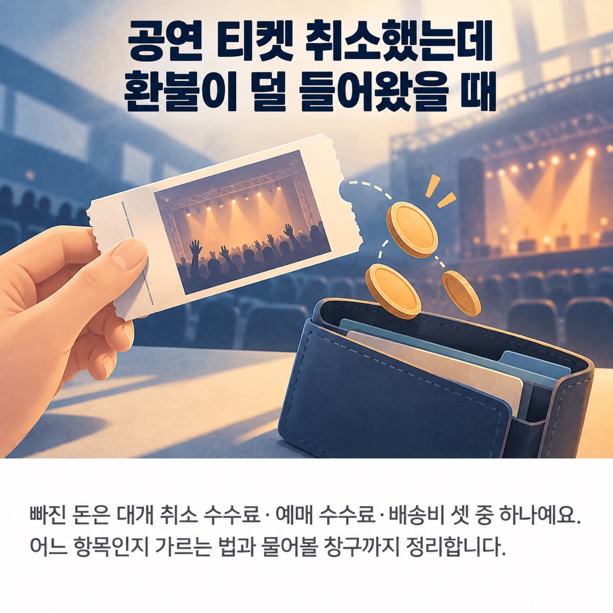 공연장 객석과 무대 조명을 배경으로 손에 든 공연 티켓 옆 지갑으로 동전 몇 개만 떨어지는 사진풍 그림 위에 '공연 티켓 취소했는데 환불이 덜 들어왔을 때' 제목과 부제가 적힌 대표 이미지