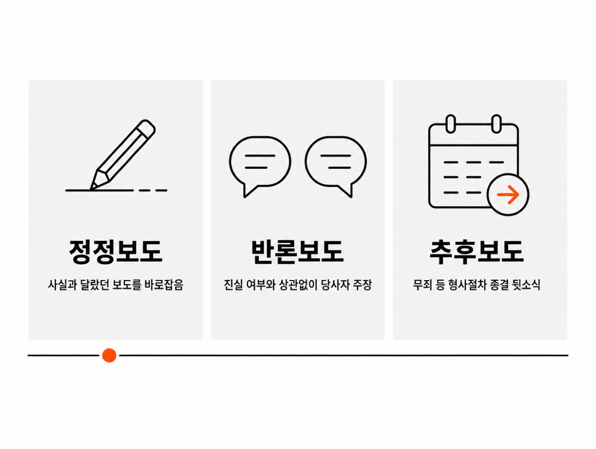 정정·반론·추후보도 비교 — 정정보도는 사실과 달랐던 보도를 바로잡음, 반론보도는 진실 여부와 상관없이 당사자 주장, 추후보도는 무죄 등 형사절차 종결 뒷소식