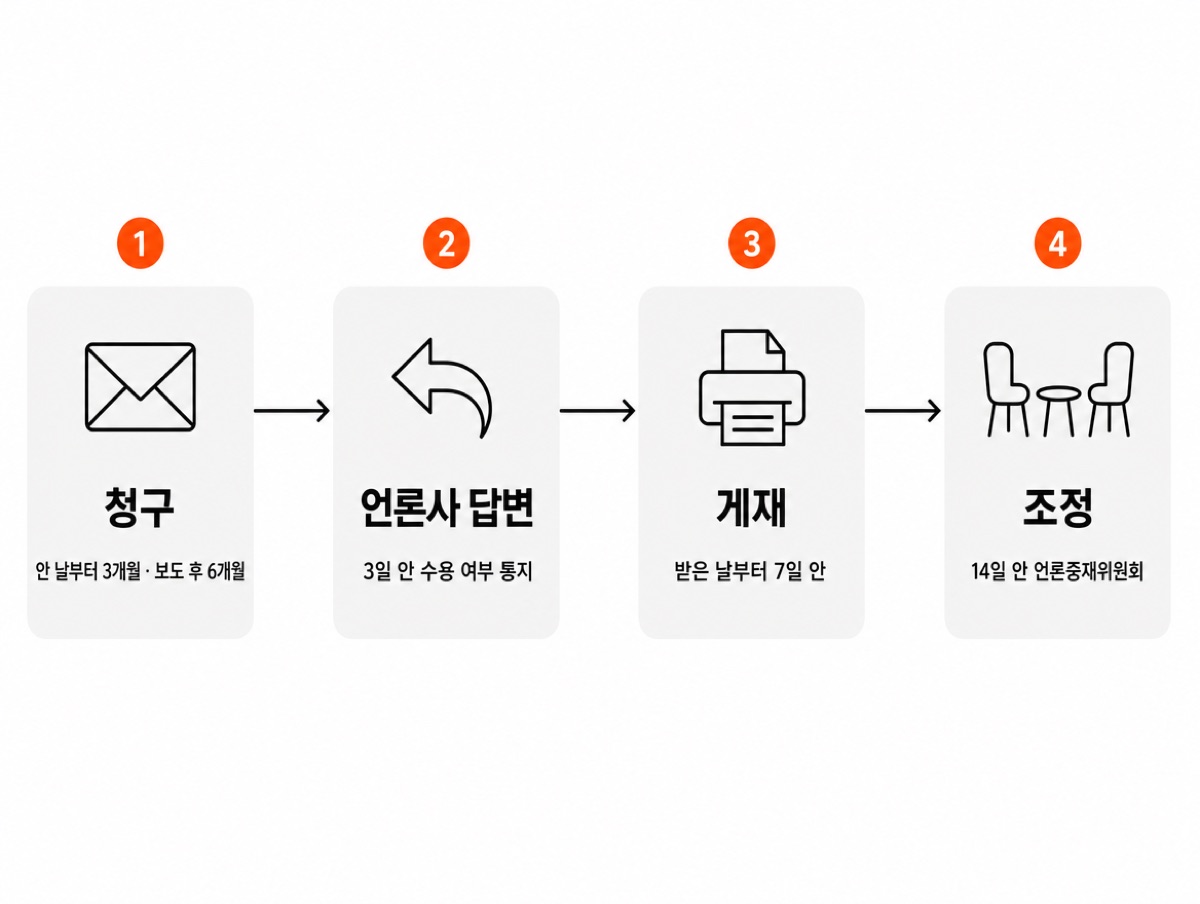 정정보도 절차 네 단계 — 청구는 안 날부터 3개월·보도 후 6개월, 언론사 답변은 3일 안 통지, 게재는 받은 날부터 7일 안, 조정은 14일 안 언론중재위원회