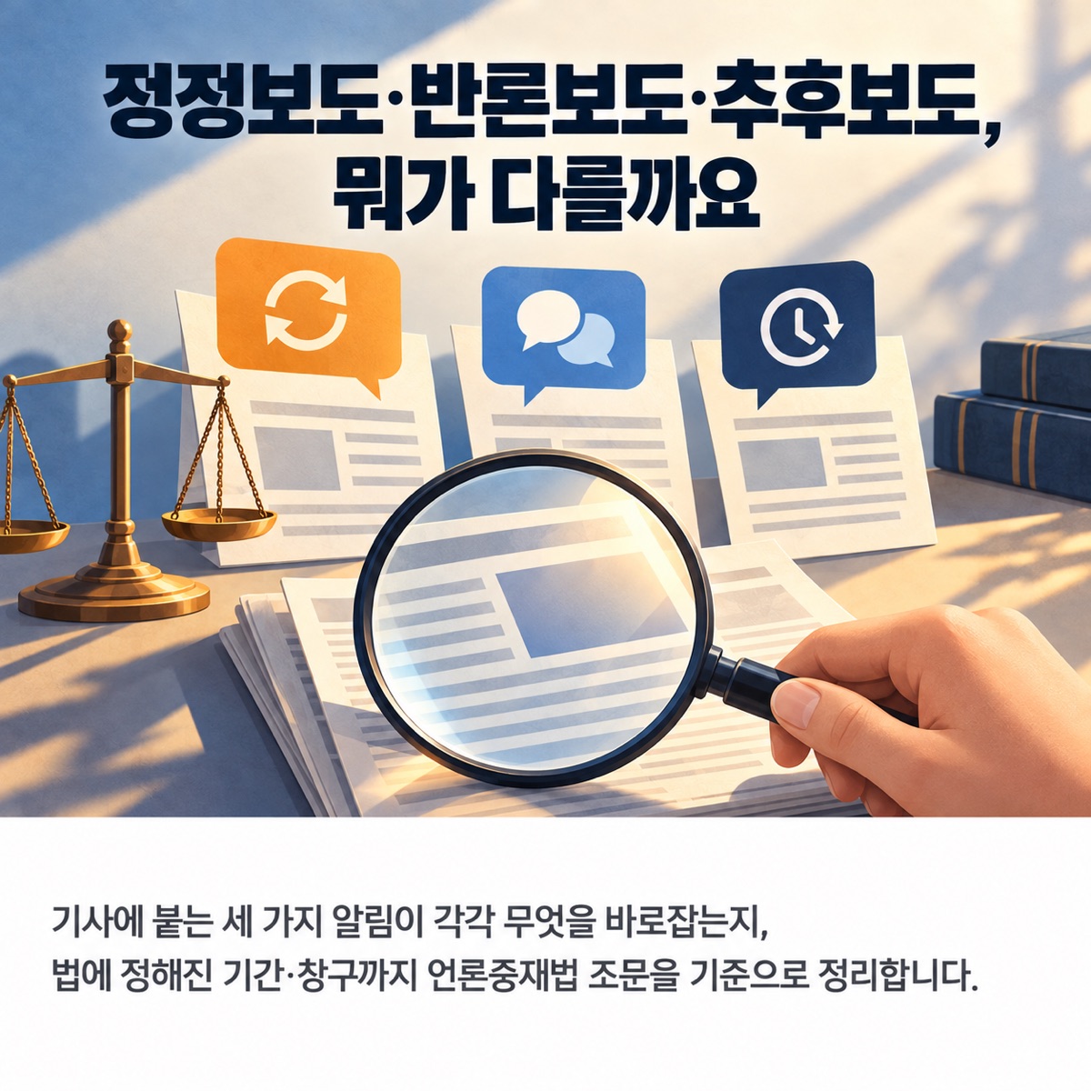 기사 세 장에 고침·대화·시계 말풍선이 하나씩 붙고 손이 돋보기로 신문을 살피며 옆에 저울과 책이 놓인 사진풍 그림 위에 '정정보도·반론보도·추후보도, 뭐가 다를까요' 제목과 부제가 적힌 대표 이미지