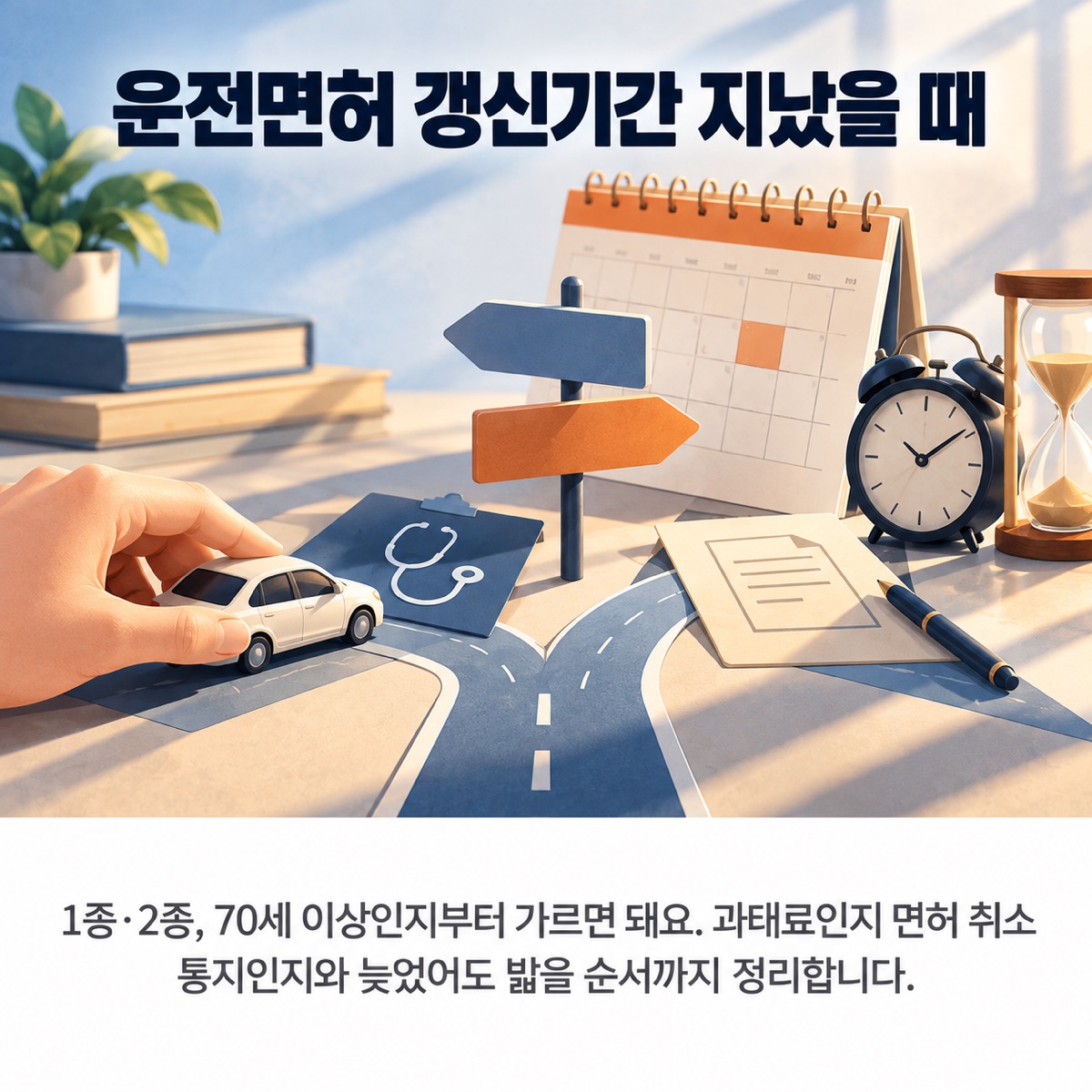갈림길 도로 위 장난감 자동차를 손이 밀고 갈래 표지판·달력·자명종·모래시계·서류가 놓인 사진풍 그림 위에 '운전면허 갱신기간 지났을 때' 제목과 부제가 적힌 대표 이미지