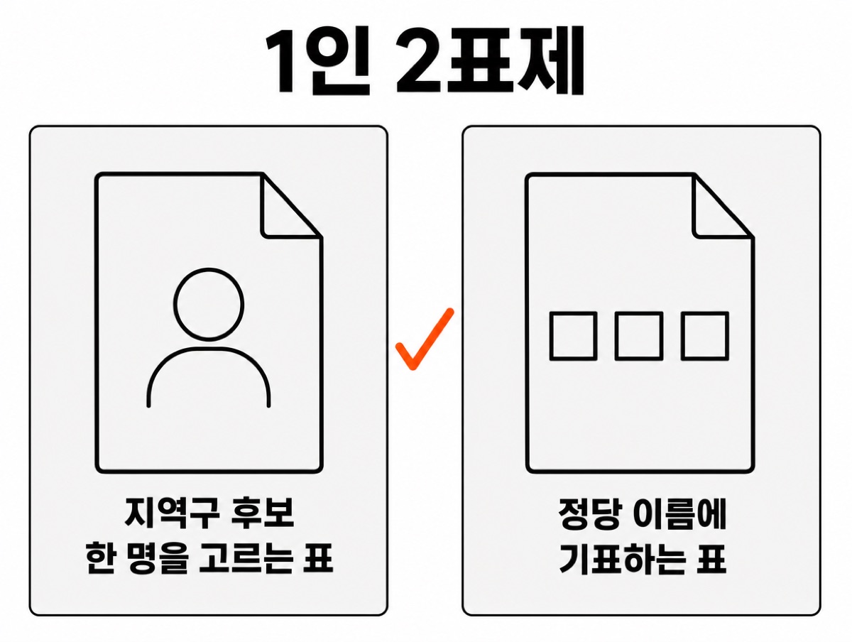 1인 2표제 도표 — 사람 모양 투표용지는 지역구 후보 한 명을 고르는 표, 네모 칸이 그려진 용지는 정당 이름에 기표하는 표로 나란히 놓였다