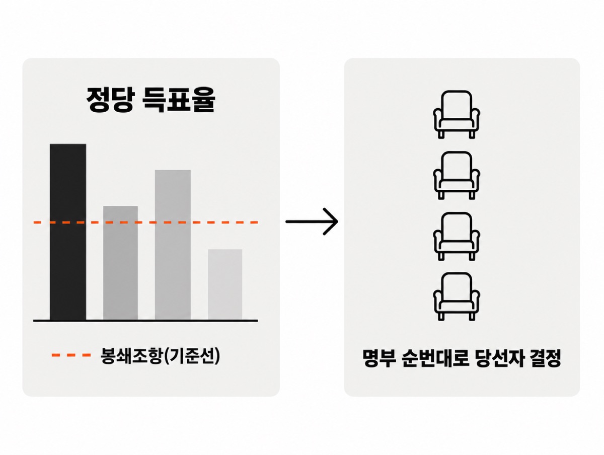 정당 득표율 막대그래프에 주황 점선으로 봉쇄조항(기준선)이 그어지고, 화살표 오른쪽에 의자 네 개가 세로로 놓여 명부 순번대로 당선자가 결정되는 과정을 보여 준다