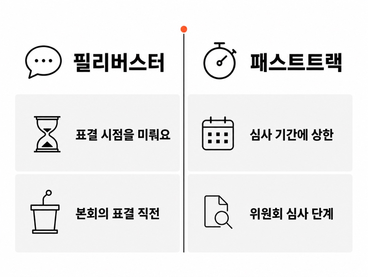 두 제도를 같은 무게로 나란히 놓은 비교표 — 필리버스터는 표결 시점을 미뤄요·본회의 표결 직전, 패스트트랙은 심사 기간에 상한·위원회 심사 단계