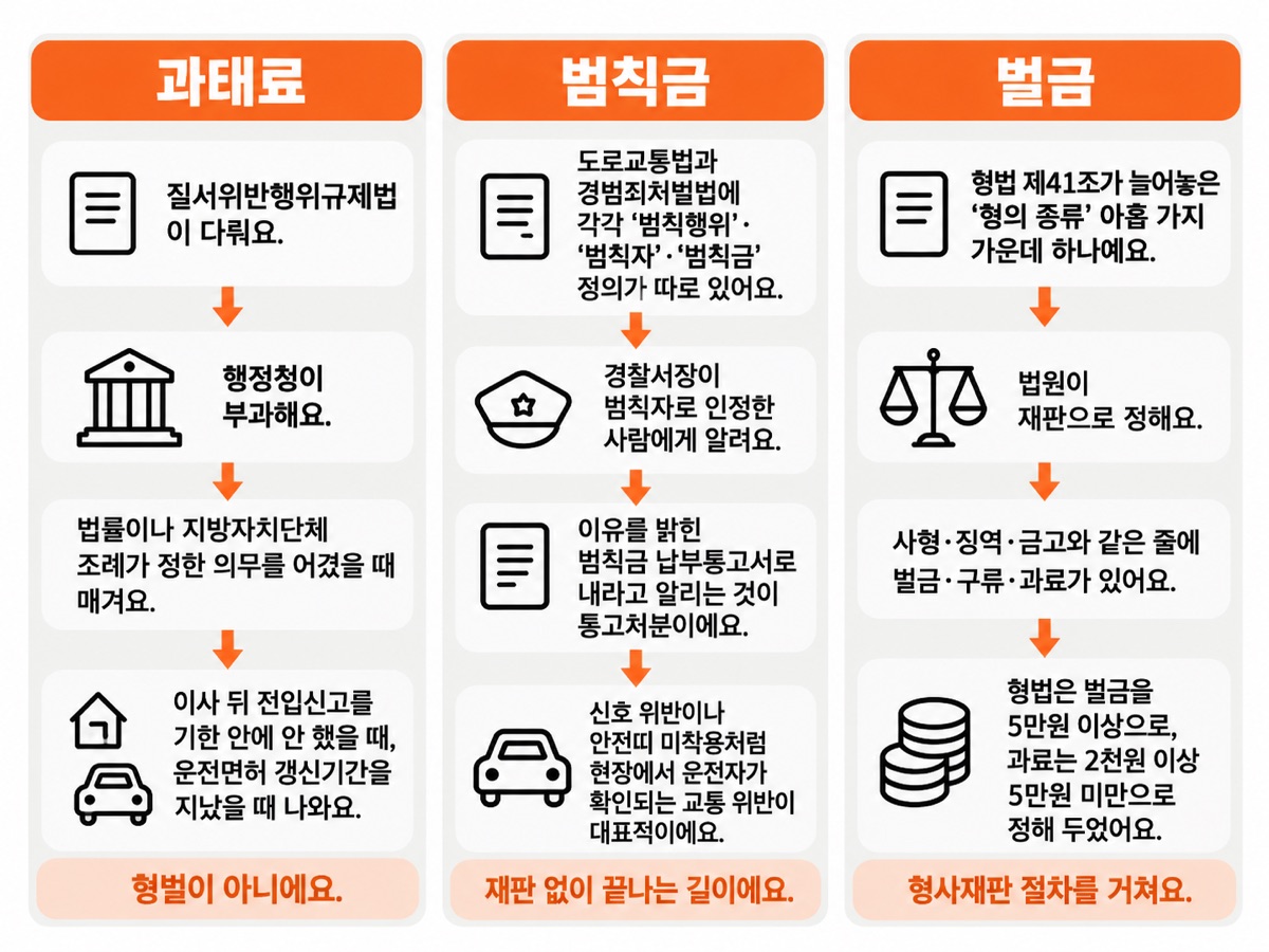 과태료·범칙금·벌금 세 칸 비교 — 과태료는 질서위반행위규제법에 따라 행정청이 부과(형벌이 아니에요), 범칙금은 경찰서장의 통고처분(재판 없이 끝나는 길), 벌금은 형법 형의 종류로 법원이 재판으로 정함(형사재판 절차)