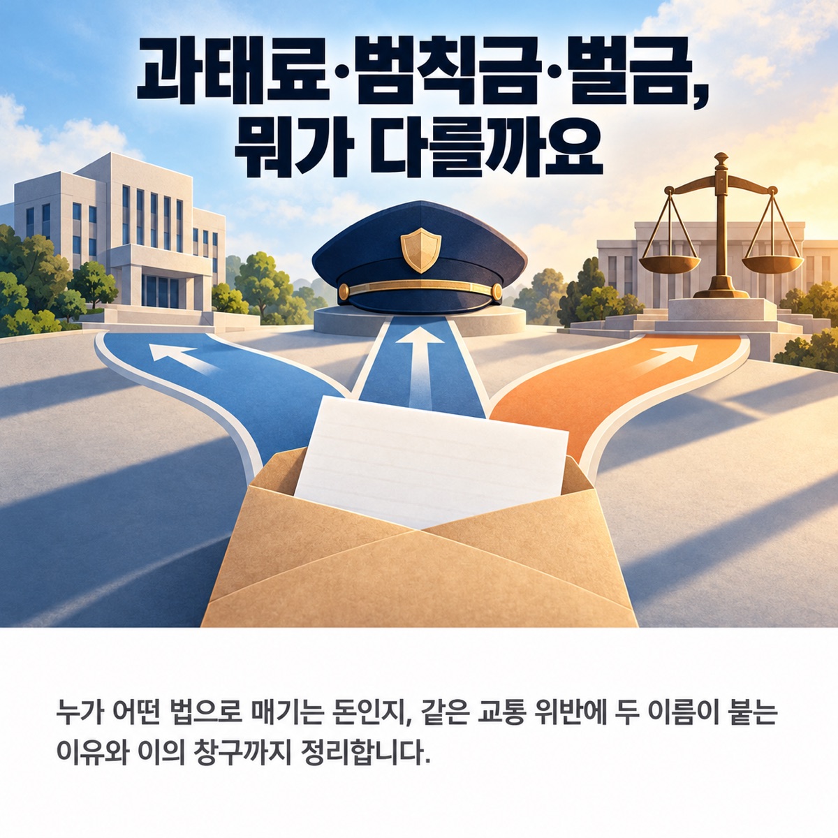 손에 든 봉투 속 고지서에서 세 갈래 화살표 길이 관공서 건물·경찰 모자·저울로 이어지는 사진풍 그림 위에 '과태료·범칙금·벌금, 뭐가 다를까요' 제목과 부제가 적힌 대표 이미지