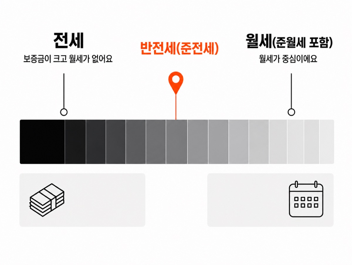 검은색에서 옅은 회색으로 흐려지는 막대 위에 전세(보증금이 크고 월세가 없어요), 가운데 주황 핀의 반전세(준전세), 월세(준월세 포함, 월세가 중심이에요)를 표시한 그림