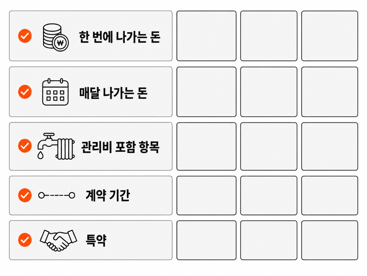 매물 비교표 — 한 번에 나가는 돈, 매달 나가는 돈, 관리비 포함 항목, 계약 기간, 특약 다섯 줄 옆에 매물별로 채울 빈칸 세 줄이 있다