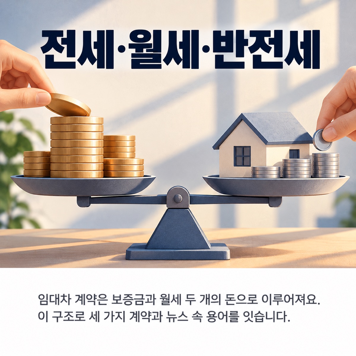저울 한쪽에 동전 더미, 다른 쪽에 집 모형과 동전이 올라가고 손이 동전을 옮기는 사진풍 그림 위에 '전세·월세·반전세' 제목과 부제가 적힌 대표 이미지