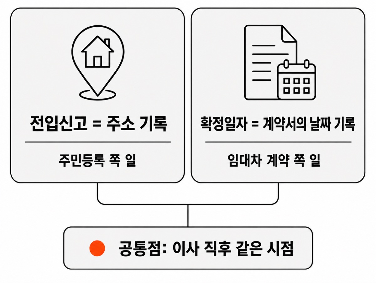 두 제도 비교 — 전입신고는 주소 기록으로 주민등록 쪽 일, 확정일자는 계약서의 날짜 기록으로 임대차 계약 쪽 일이며, 공통점은 이사 직후 같은 시점이다