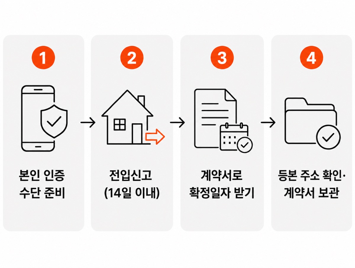 처리 순서 네 단계 — 1 본인 인증 수단 준비, 2 전입신고(14일 이내), 3 계약서로 확정일자 받기, 4 등본 주소 확인·계약서 보관