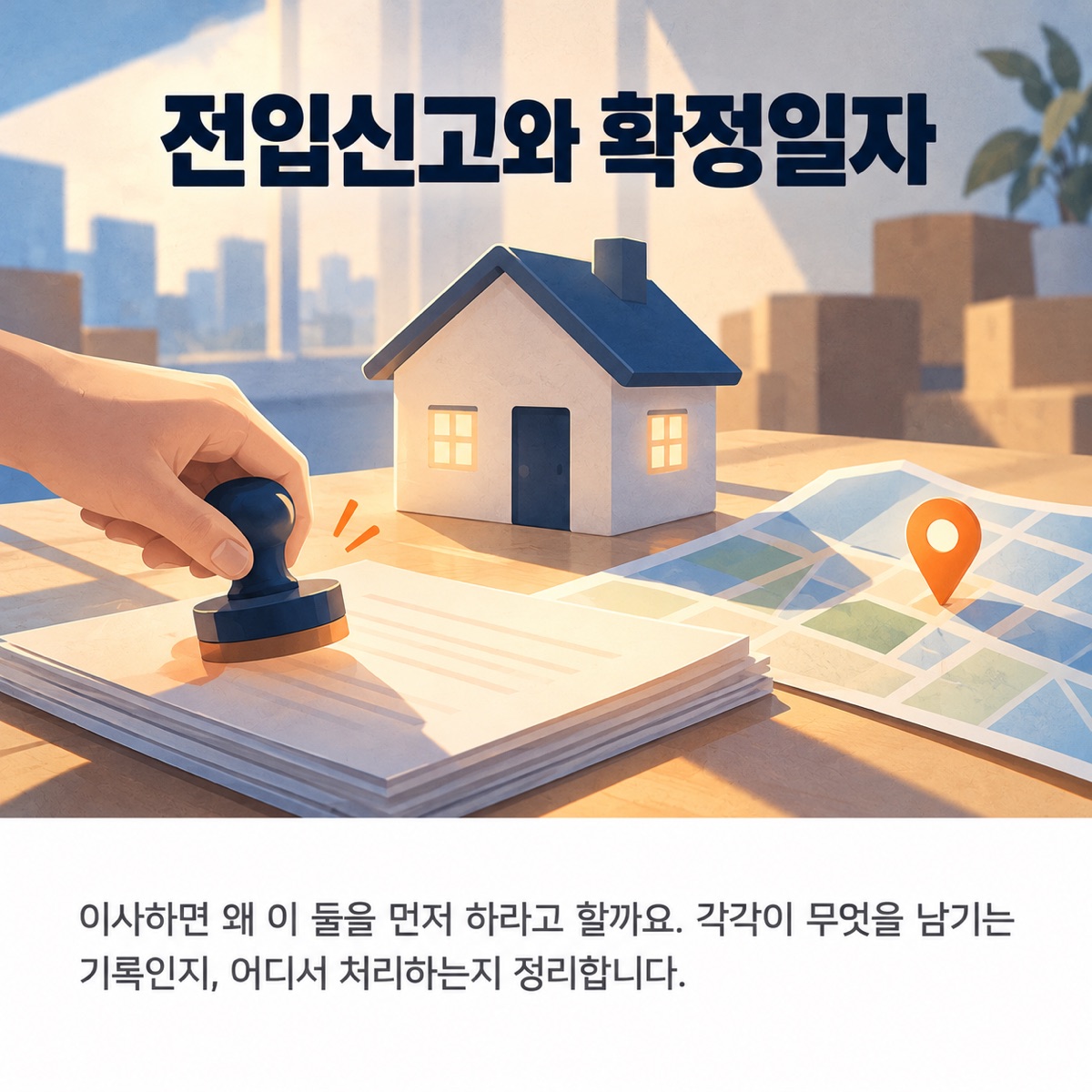 집 모형 앞 서류 더미에 손이 도장을 찍고 옆에 위치 표시가 꽂힌 지도가 놓인 사진풍 그림 위에 '전입신고와 확정일자' 제목과 부제가 적힌 대표 이미지