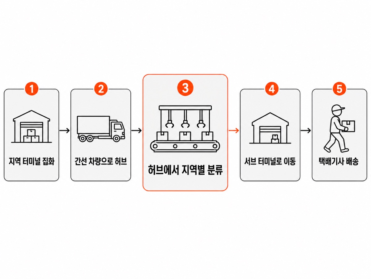 택배가 오는 다섯 단계 — 1 지역 터미널 집화, 2 간선 차량으로 허브, 3 허브에서 지역별 분류, 4 서브 터미널로 이동, 5 택배기사 배송, 분류 단계가 주황 테두리로 강조됐다