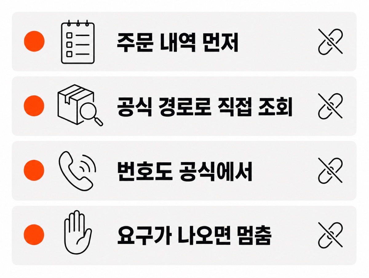 배송 안내 문자 가려내는 네 원칙 — 주문 내역 먼저, 공식 경로로 직접 조회, 번호도 공식에서, 요구가 나오면 멈춤, 줄마다 끝에 링크를 누르지 말라는 끊긴 고리 표시가 있다