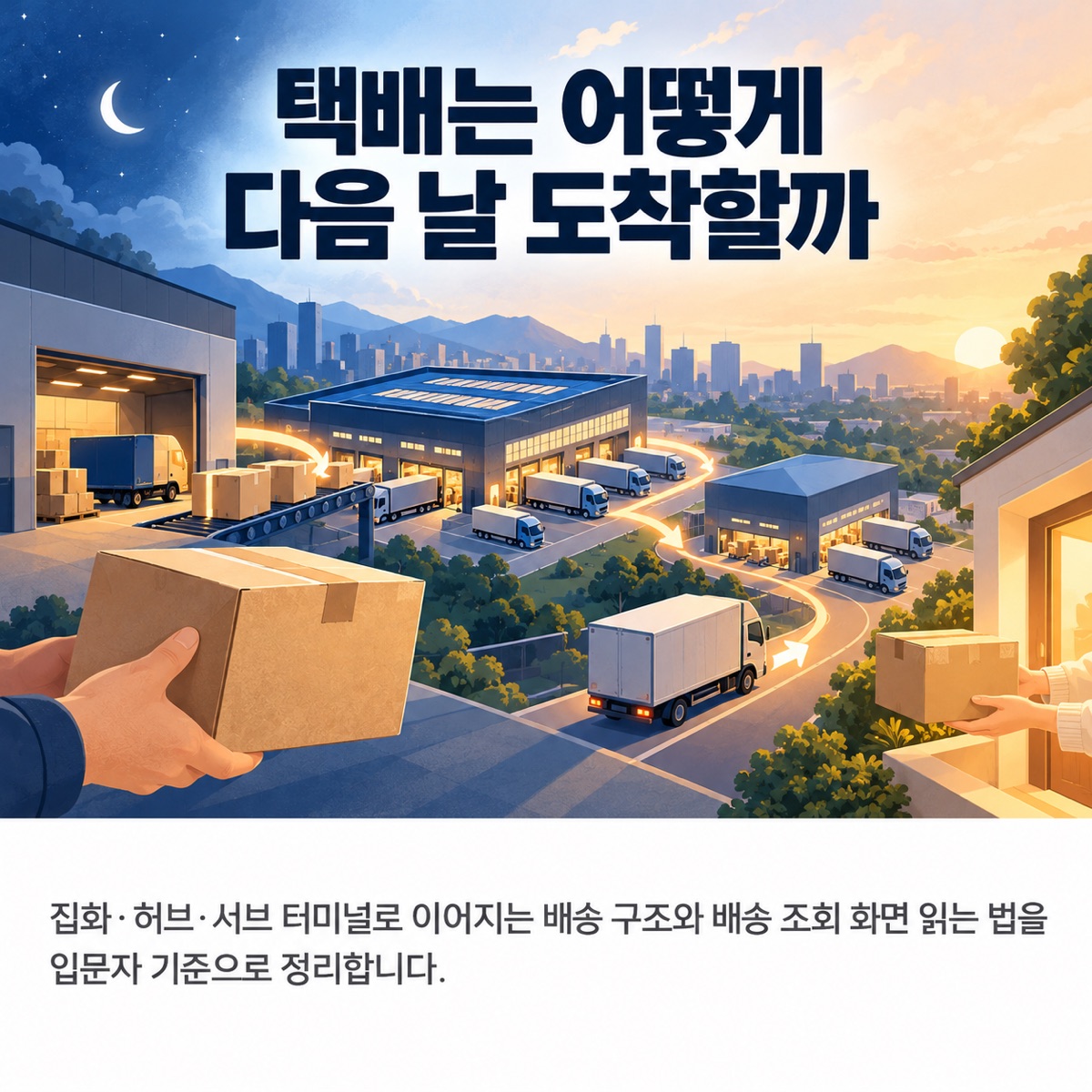 밤하늘 아래 물류 터미널로 트럭들이 오가고 손이 택배 상자를 든 사진풍 그림 위에 '택배는 어떻게 다음 날 도착할까' 제목과 부제가 적힌 대표 이미지