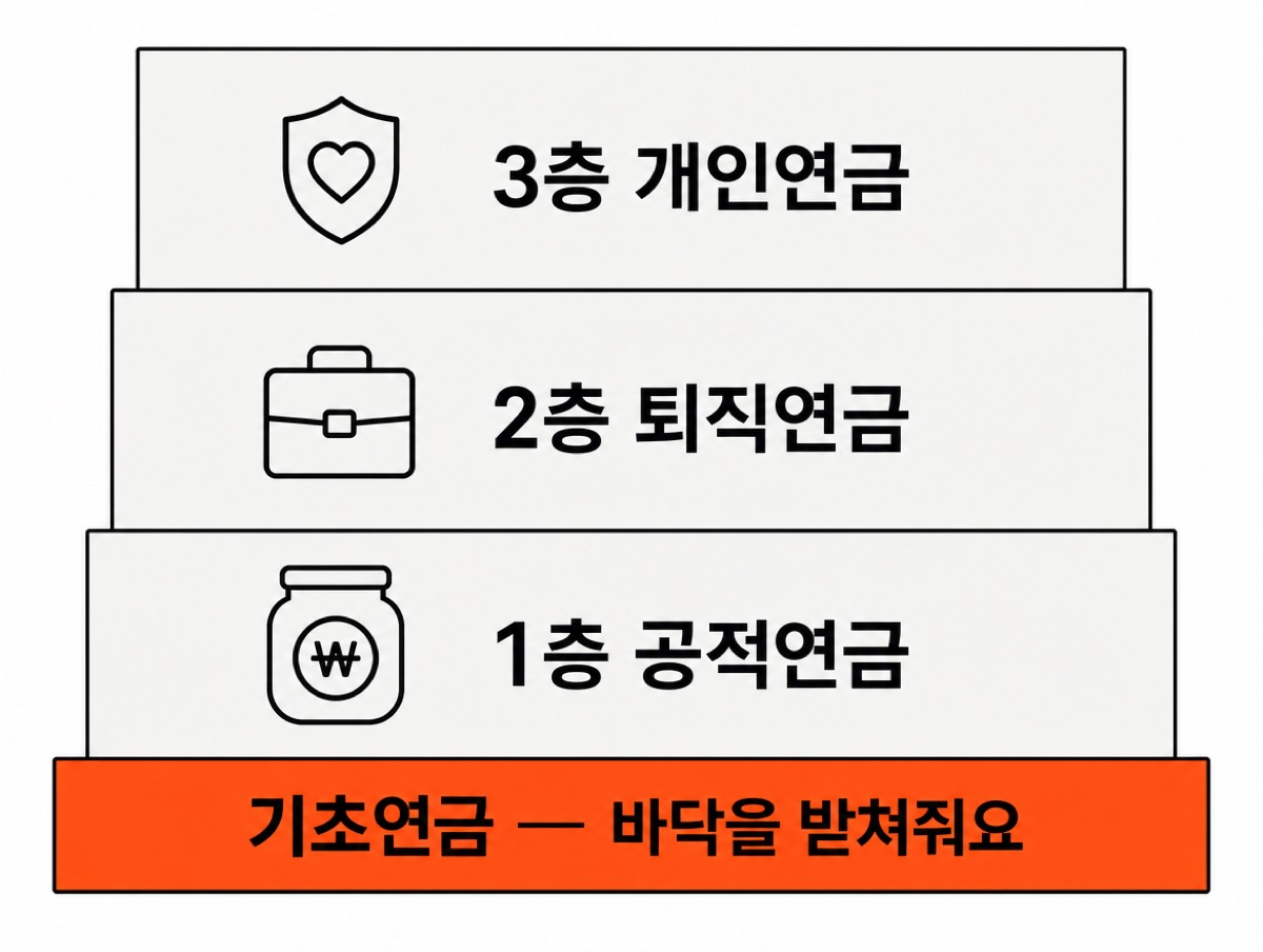 연금을 층으로 본 그림 — 1층 공적연금, 2층 퇴직연금, 3층 개인연금이 쌓이고 그 아래를 주황 띠의 '기초연금 — 바닥을 받쳐줘요'가 받친다