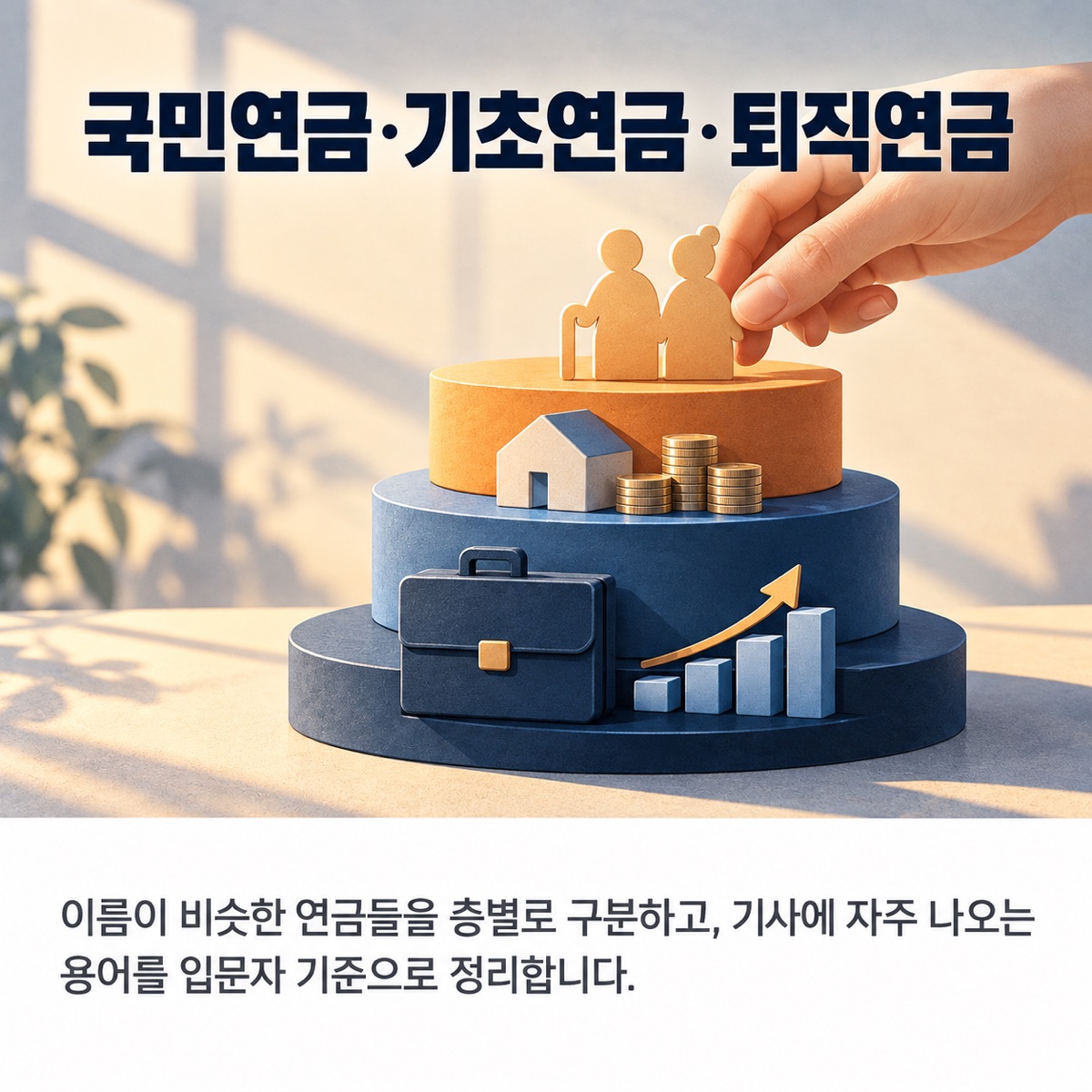 층층이 쌓인 둥근 받침에 가방·집·동전·사람 모형이 층별로 놓이고 손이 위층에 사람 모형을 올리는 사진풍 그림 위에 '국민연금·기초연금·퇴직연금' 제목과 부제가 적힌 대표 이미지