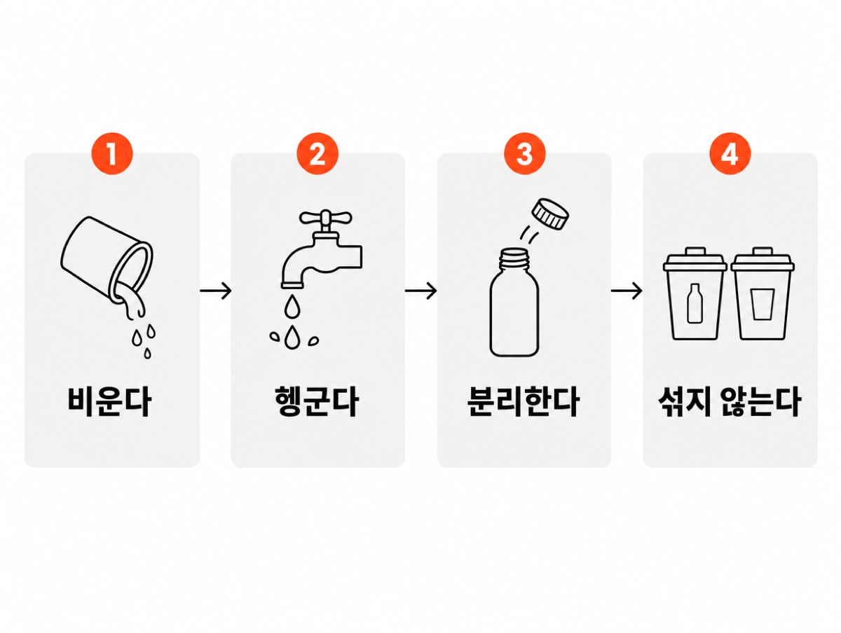 분리배출 기본 동작 네 가지 — 1 비운다, 2 헹군다, 3 분리한다, 4 섞지 않는다가 컵·수도꼭지·병뚜껑·나란한 수거함 아이콘과 함께 화살표로 이어진다