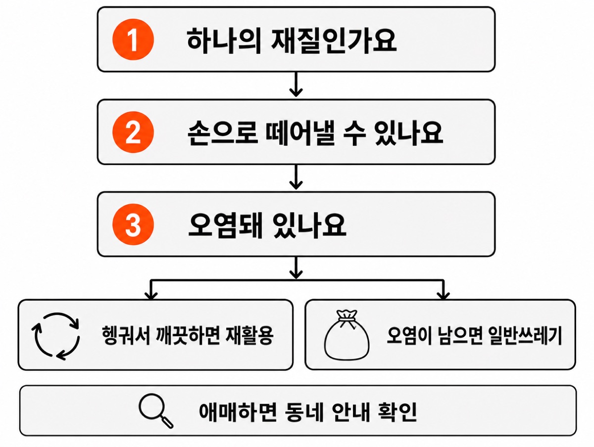 헷갈릴 때 판단 순서 — 하나의 재질인가요, 손으로 떼어낼 수 있나요, 오염돼 있나요를 차례로 묻고 헹궈서 깨끗하면 재활용, 오염이 남으면 일반쓰레기, 애매하면 동네 안내 확인