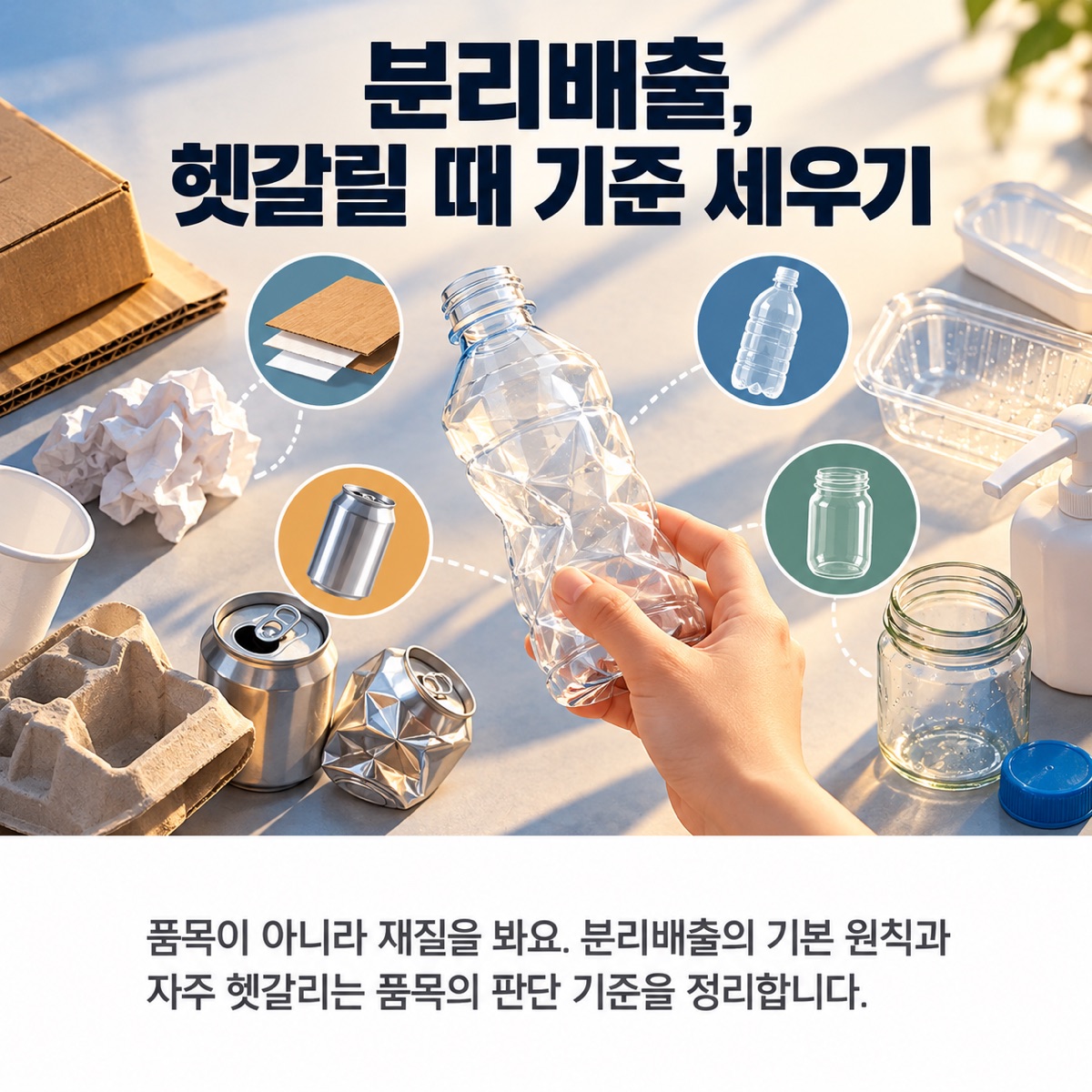 투명 페트병을 든 손 주변에 종이·캔·유리병·플라스틱 그릇과 재질 동그라미 표시가 놓인 사진풍 그림 위에 '분리배출, 헷갈릴 때 기준 세우기' 제목과 부제가 적힌 대표 이미지