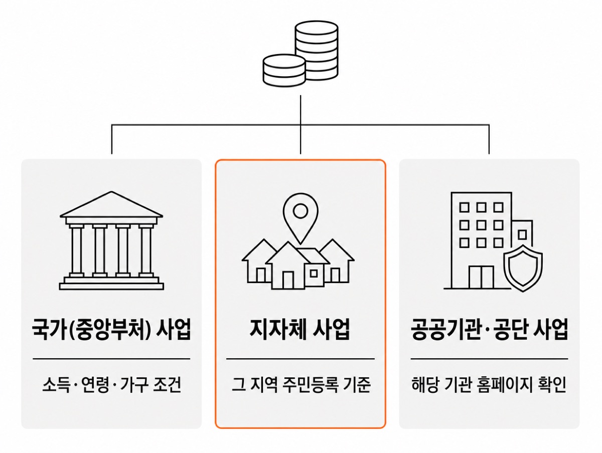 지원금 출처 세 갈래 — 국가(중앙부처) 사업은 소득·연령·가구 조건, 지자체 사업은 그 지역 주민등록 기준, 공공기관·공단 사업은 해당 기관 홈페이지 확인