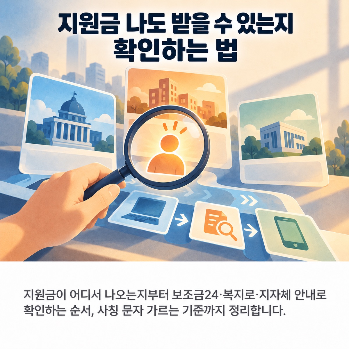 기관 건물 사진 카드들 위로 손이 돋보기를 대고 아래로 화면·검색·휴대폰 순서 칸이 이어지는 사진풍 그림 위에 '지원금 나도 받을 수 있는지 확인하는 법' 제목과 부제가 적힌 대표 이미지