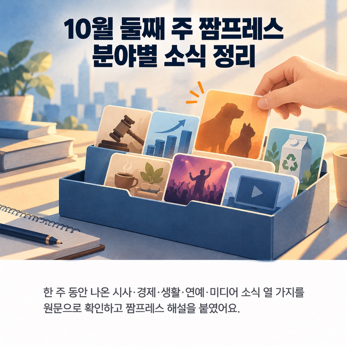 책상 위 파란 상자에 법봉·그래프·반려동물·커피·공연·영상·종이팩 그림 카드가 꽂혀 있고 손이 한 장을 고르는 사진풍 그림 위에 '10월 둘째 주 짬프레스 분야별 소식 정리' 제목과 부제가 적힌 대표 이미지