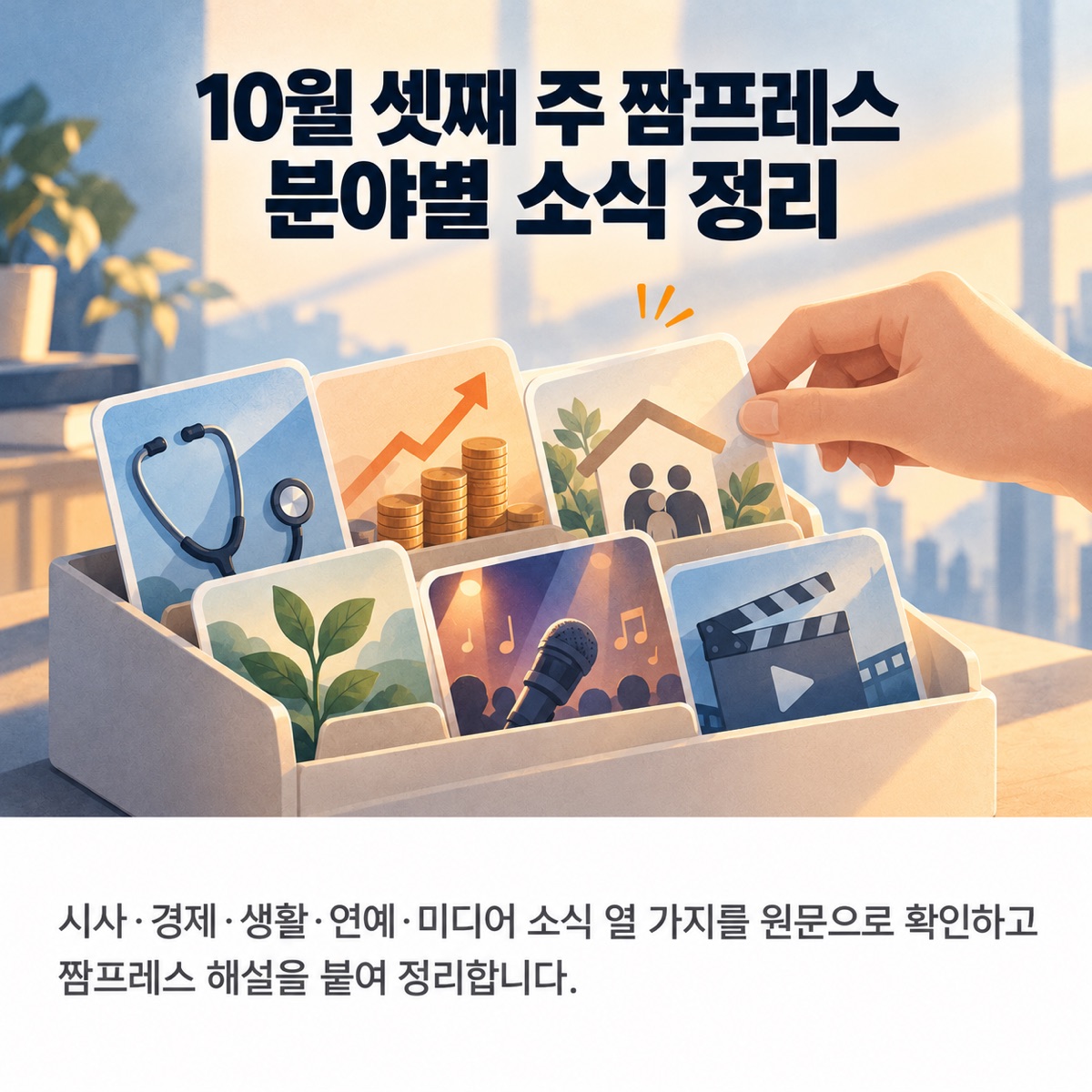 청진기·동전과 그래프·집과 가족·새싹·마이크·영상 카드가 꽂힌 상자에서 손이 한 장을 고르는 사진풍 그림 위에 '10월 셋째 주 짬프레스 분야별 소식 정리' 제목과 부제가 적힌 대표 이미지